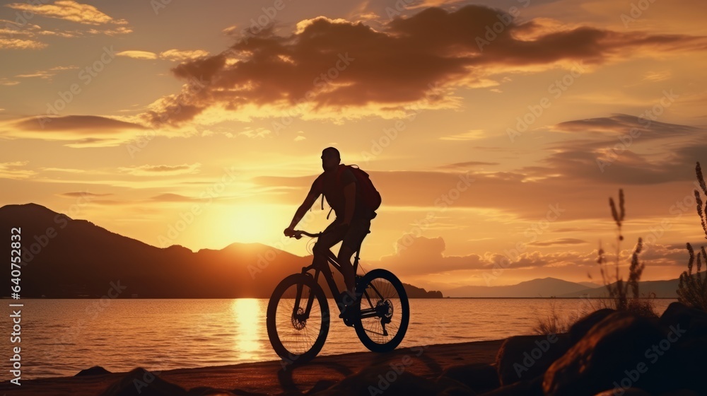 Fototapeta premium senior retired adult male enjoy exercise bike on nature beach recreation casual relax riding bicycle summertime vacation sunset sky background