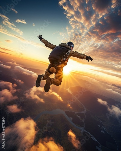 A Parachutist in free fall at the sunset extream sport lifestyle with beautiful sky cloud sunset background