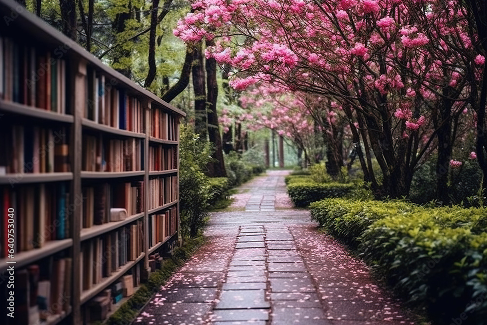 Naklejka premium Bookshelf in the park with pink rhododendron flowers