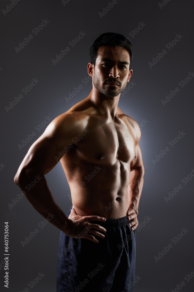 Confidence, muscle and portrait of man on dark background for fitness inspiration, beauty aesthetic or strong body. Shadow aesthetic, male sports model or muscular bodybuilder in studio lighting. Confidence, muscle and portrait of man on dark background for fitness inspiration, beauty aesthetic or strong body. Shadow aesthetic, male sports model or muscular bodybuilder in studio lighting.