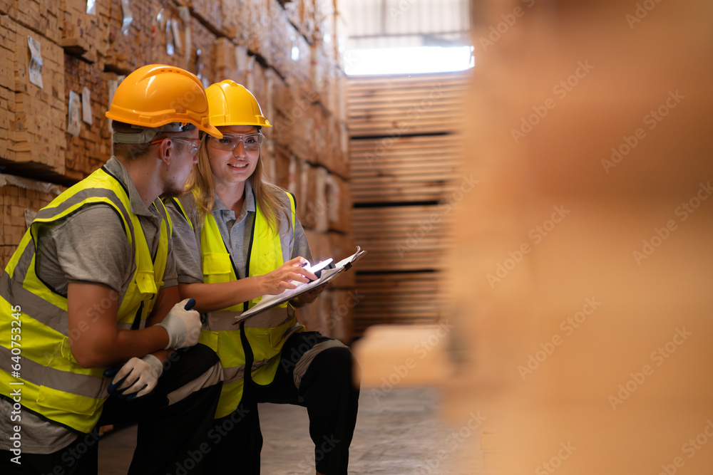Fototapeta premium Both of workers work in a woodworking factory, Checking inventory the wood in the wooden warehouse