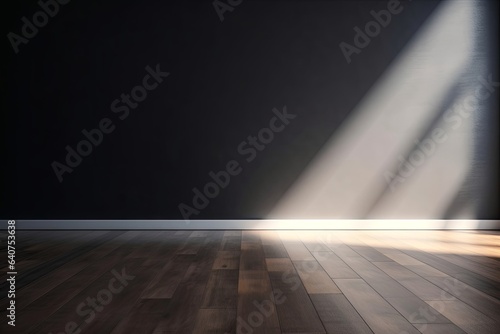 Empty light dark wall with beautiful chiaroscuro and wooden floor. Minimalist background for product presentation, mock up, Generative AI © Digi ART
