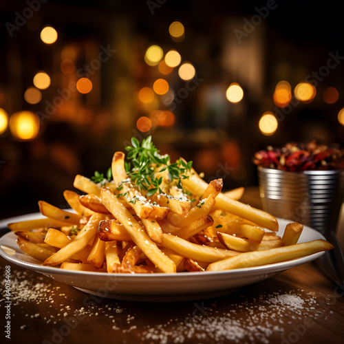Gourmet french fries piled on a plate at an expensive restaurant.