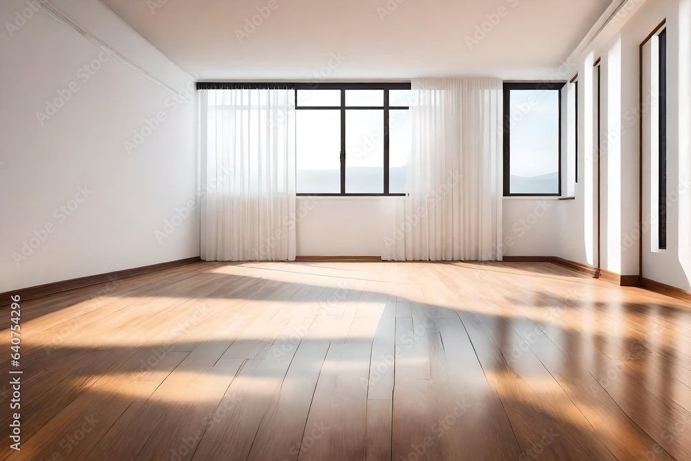 Empty room and wall and wooden floor with interesting with glare from the window Empty room and wall and wooden floor with interesting with glare from the window