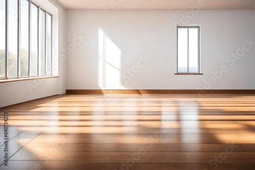 Empty room and wall and wooden floor with interesting with glare from the window © Arqumaulakh50