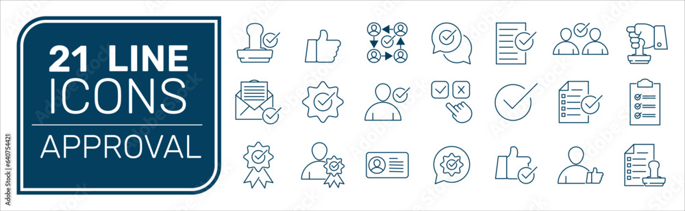 Approval icon set. Containing accept, certified, thumps up, agreement, approve, validation, seal approved, confirmation and decision icons. Solid icon set. Vector illustration.