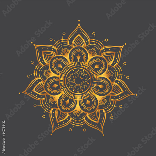 Luxury ornamental mandala design background in gold, Luxury wedding invitation, Ornamental floral corner frame, black background with gold mandala decoration