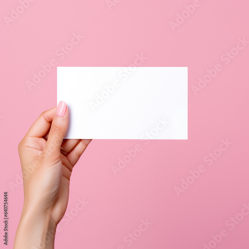 Female hand holding business card, pink beauty background, blank mockup template for design 