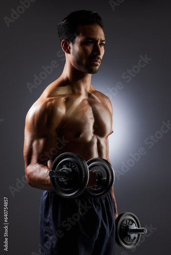 Fitness, dark and a man with weights on a black background for muscle, health and exercise. Sports, idea and an Asian bodybuilder or strong athlete doing weightlifting for training with power © Joanrae P/peopleimages.com