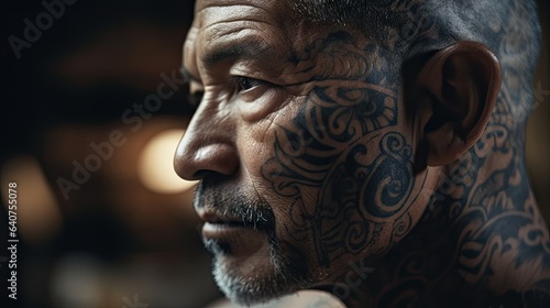 Illustration of a Hawaiian tattooed on the face and smoking, cool photo
