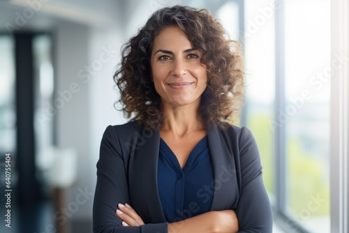 a confident Latin middle-aged businesswoman stands in her office with her arms crossed, looking directly at the camera for a portrait photo