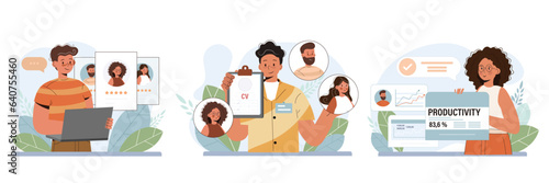 Job hunting and hiring set. Human resources manager competencies set. Recruitment and personnel concept. HR manager looking for a job candidate, maintaining employee performance. Flat vector