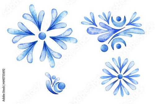 Set of watercolor illustrations. Single elements of a stylized blue ornament isolated on a white background. Floral motif. Folk, ethnic, folklore style.