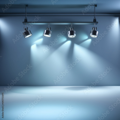 spotlights hanged around a stage area, in the style of light azure and gray, matte background