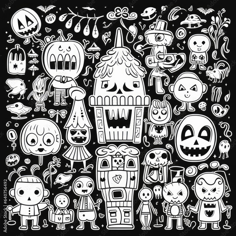 Black and white coloring pages for kids, simple lines, vector, a coloring page for kids, halloween elements, cartoon style, black thick lines, medium detail, white background. Generative AI.