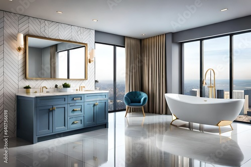 Modern blue bathroom interior with bath and decorative objects