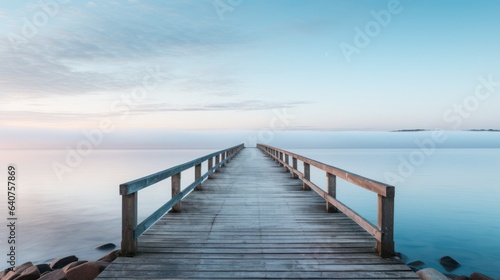 A lone wooden pier stretching into the distance into calm water under muted sunrise and mist.  © Margo_Alexa