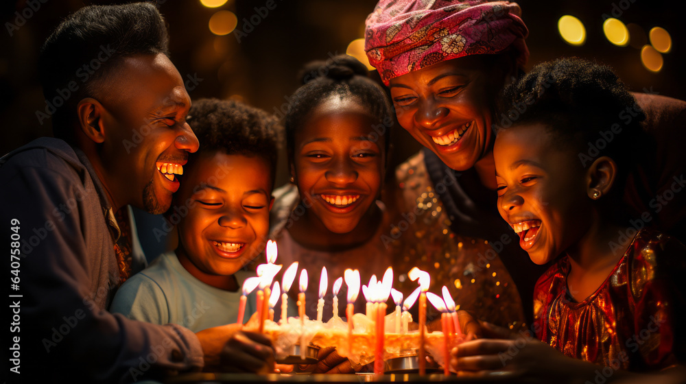 Captivating scene of a radiant 60-year-old woman in joyful celebration, lovingly surrounded by her family as she blows out her birthday cake candles.