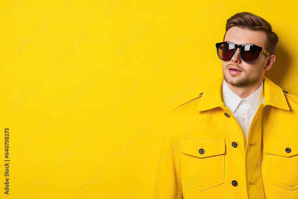 Stylish caucasian man in a bright yellow suit or raincoat on a yellow background. Empty space for product placement or promotional text. Stylish caucasian man in a bright yellow suit or raincoat on a yellow background. Empty space for product placement or promotional text.