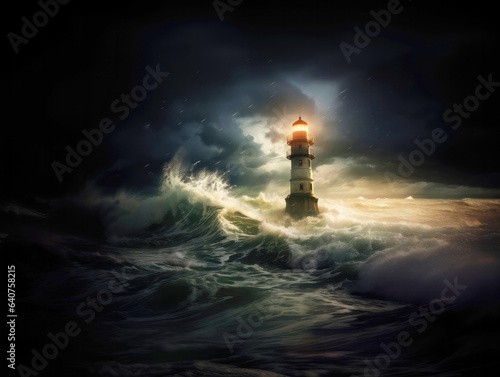 Lighthouse on stormy sea background