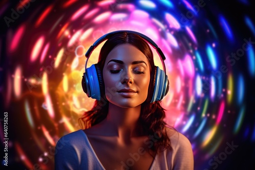 Healing Sounds and Sound Therapy. Sound healing well-being vibrations open, clear and balance chakras and energy. Woman in headset in sound healing therapy and meditation.