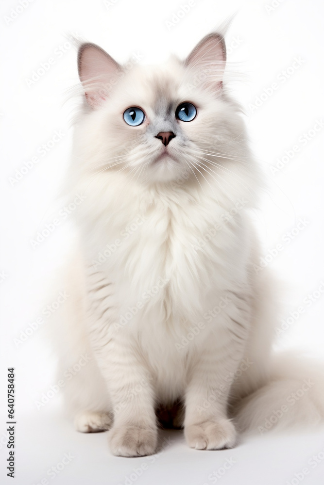 Beautiful cat of white color and blue eyes on a white background