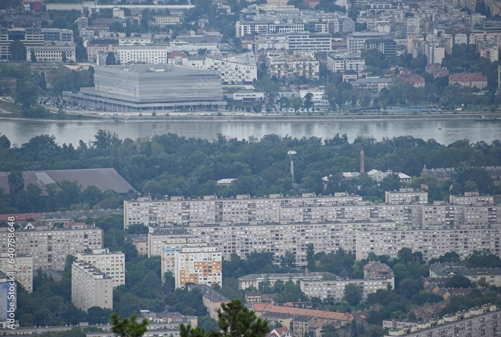 Budapest, Hungary - Aug 18, 2023: View of the Budapest city from the Kilatopont viewpoint in a sunny summer day. Duna Arena. Selective focus.