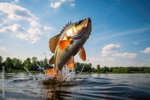 A large predatory perch fish jumps out of the water of a lake or river.