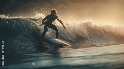 Illustration of a person surfing on a beach with big waves, cool photo