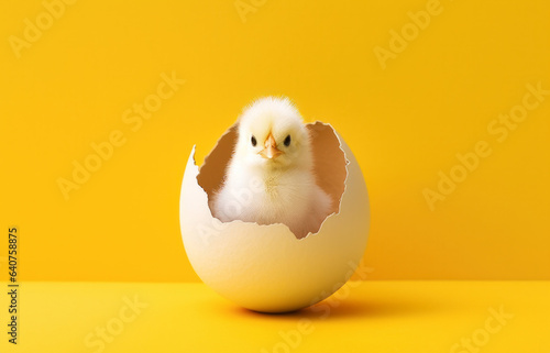 Fototapeta small yellow chicken in a shell on a yellow background