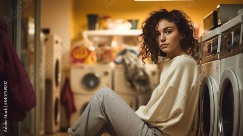Young woman waiting in a laundry room generative ai