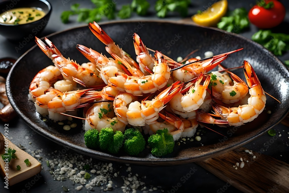 Grilled shrimp in a restaurant dish. Sea delicacies
