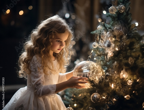 A little girl in a white dress decorates a large Christmas tree with crystal balls. Christmas picture