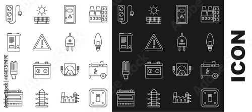 Set line Electric light switch, Portable power electric generator, Light bulb, Electrical cabinet, Exclamation mark triangle, Car battery, extension cord and plug icon. Vector