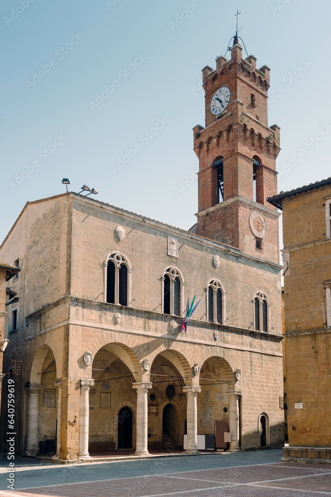 Pienza, Tuscany - view of the Pio II square and the Palazzo Comunale-Praetorio