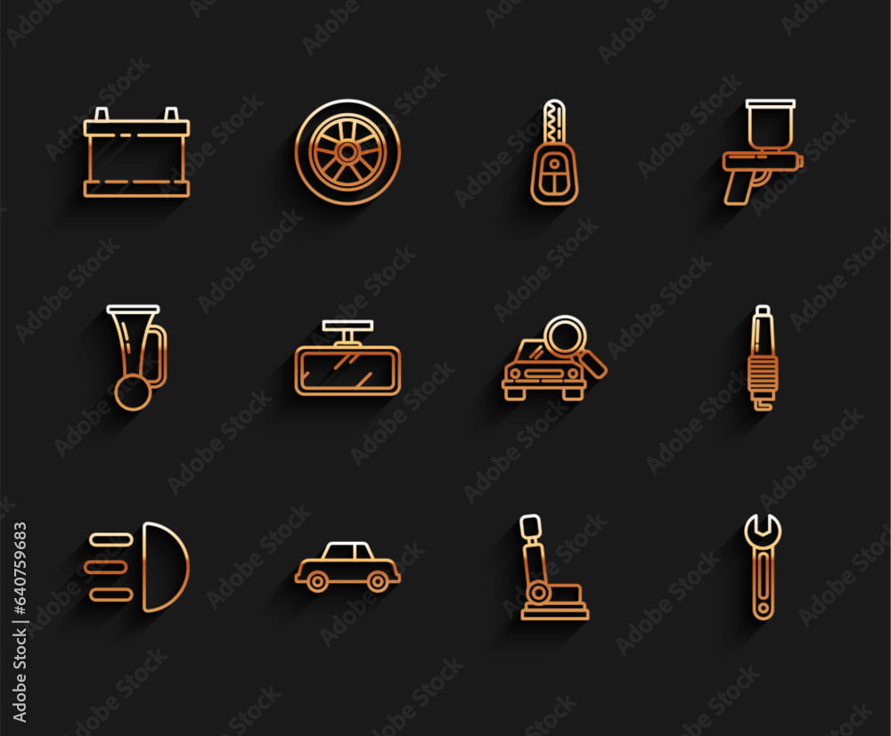 Set line High beam, Car, battery, seat, Wrench, mirror, spark plug and search icon. Vector Set line High beam, Car, battery, seat, Wrench, mirror, spark plug and search icon. Vector