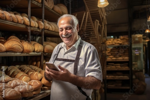 A old man seller in bakery store with hold phone and in smile 
