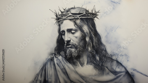 Jesus Christ with crown of thorns and smoke on a white background