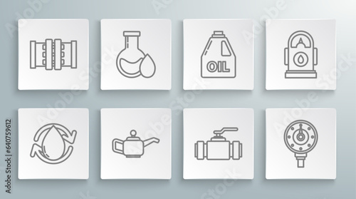 Set line Oil drop, petrol test tube, Canister for motor machine oil, Industry metallic pipes and valve, Motor gas gauge, Petrol Gas station and icon. Vector