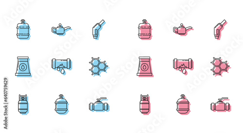 Set line Propane gas tank, Broken with leaking water, Chemical formula consisting of benzene rings, Oil industrial factory building and Canister motor machine oil icon. Vector