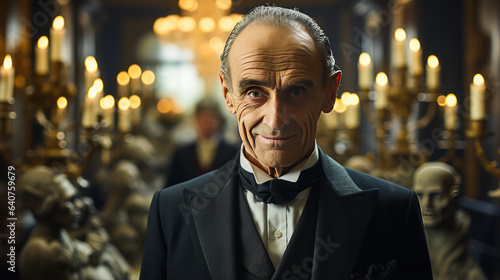 Captivating depiction of an elegant, elderly vampire gentleman exuding sophisticated allure in a lush Victorian-era drawing room, showcasing timeless horror with dark luxury.
