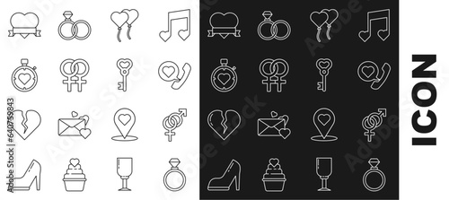 Set line Wedding rings, Gender, Telephone with heart speech bubble, Balloons form of, Female gender symbol, Heart the center stopwatch, and ribbon and Key shape icon. Vector