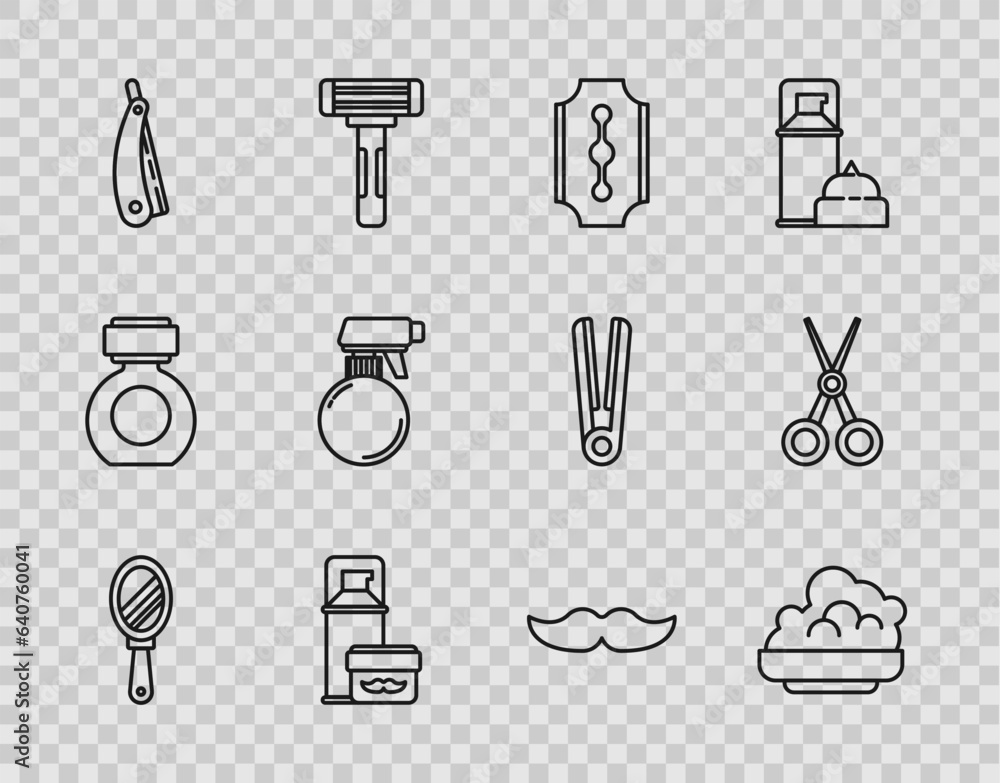 Set line Hand mirror, Shaving gel foam, Blade razor, Straight, Hairdresser pistol spray bottle, Mustache and Scissors hairdresser icon. Vector Set line Hand mirror, Shaving gel foam, Blade razor, Straight, Hairdresser pistol spray bottle, Mustache and Scissors hairdresser icon. Vector