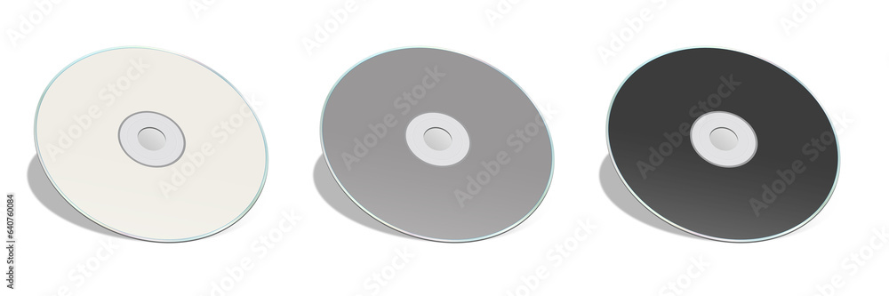 Three CD or DVD blank template white, grey and black for presentation layouts and design. 3D rendering. Three CD or DVD blank template white, grey and black for presentation layouts and design. 3D rendering.