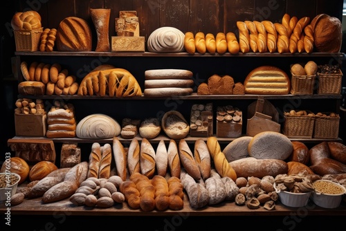 Bakery in store display, many kinds of traditional bakery or bread