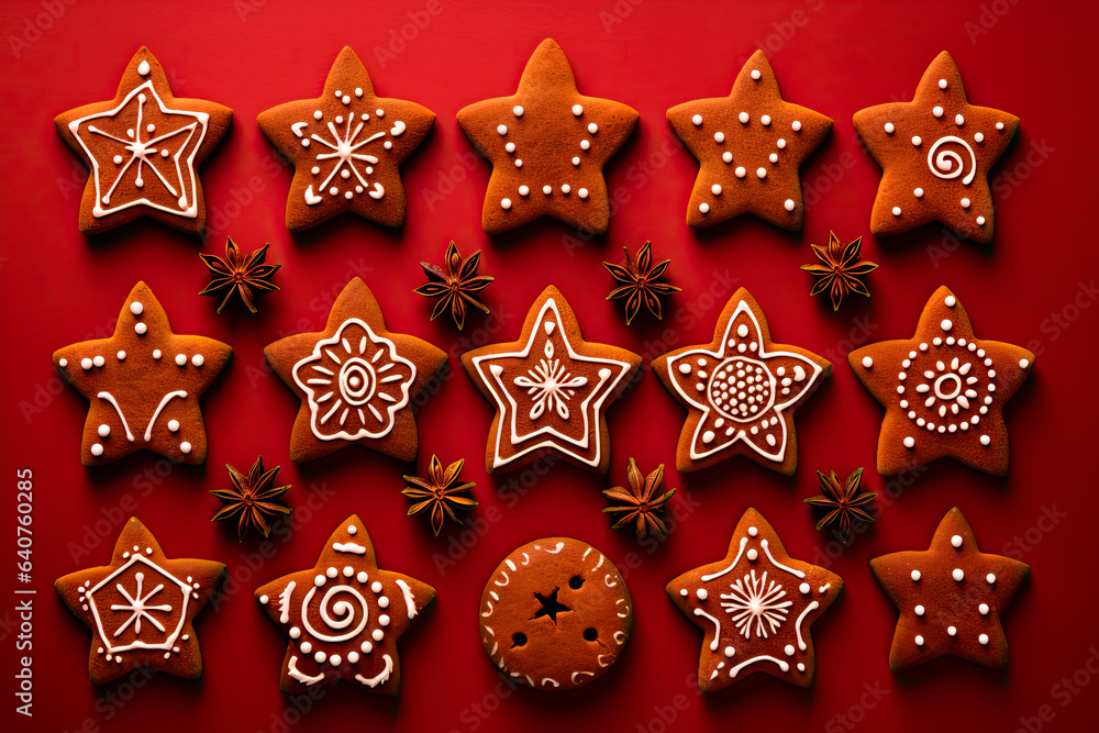 Christmas gingerbread cookies on red background. Top view Christmas gingerbread cookies on red background. Top view