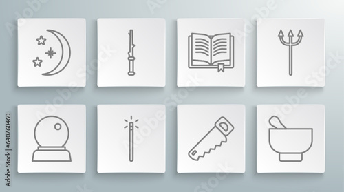 Set line Magic ball, wand, Hand saw, mortar pestle, Ancient magic book, Neptune Trident and Moon stars icon. Vector