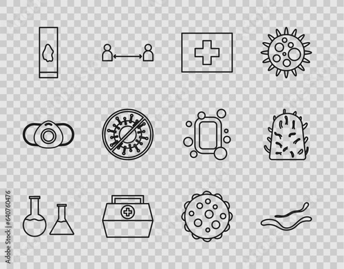 Set line Test tube and flask, Ebola virus disease, First aid kit, Blood test, Stop, Virus and Rabies icon. Vector