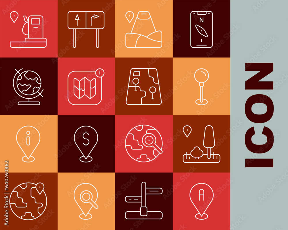 Set line Location, City map navigation, Push pin, with mountain, Infographic of city, Earth globe, and gas station and icon. Vector Set line Location, City map navigation, Push pin, with mountain, Infographic of city, Earth globe, and gas station and icon. Vector