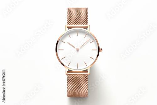 Beautiful luxury and elegant gold women's watch with intertwined gold strap and white dial isolated on white background.generative ai
